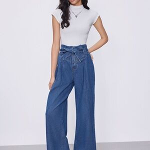 HIGH WAIST SOLID BOWKNOT WIDE LEG JEANS Women's Size 6 (approx)